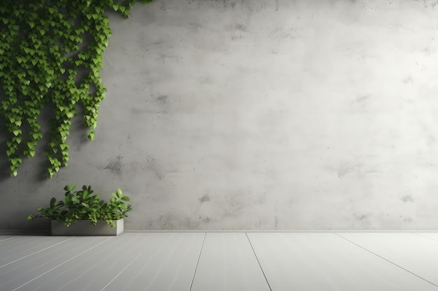 Empty room with green plant on concrete wall background