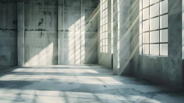 Empty room with large windows and sunlight Grungy room with light and shadow on floo Generative AI