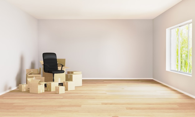 Empty room with moving boxes and office chair