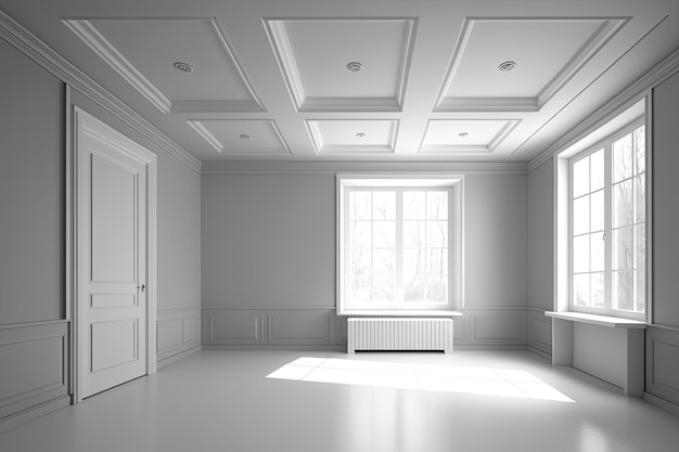 An empty room with natural light coming in from a window and a radiator on the wall Generative AI