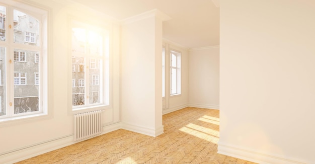 Empty room with parquet floor and white background wall