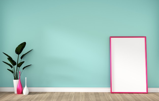 empty room with pink frame on hardwood floor and mint wall 3D rendering 