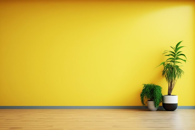 Empty room with plants have wooden floor on yellow wall background