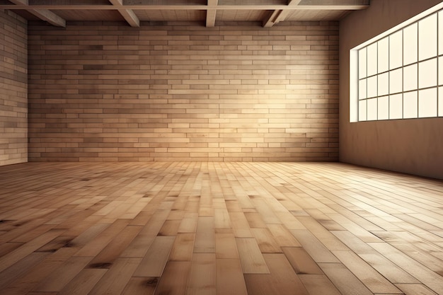 An empty room with a rustic brick wall and wooden floor Generative AI