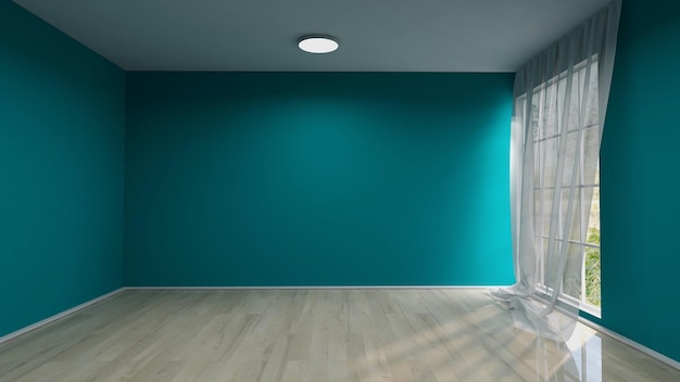 Empty room with teal wall white floor wide panoramic window curtain and ceiling lamp