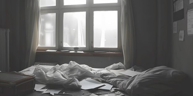 Empty room with unmade bed and scattered papers symbolizing internal chaos and depression