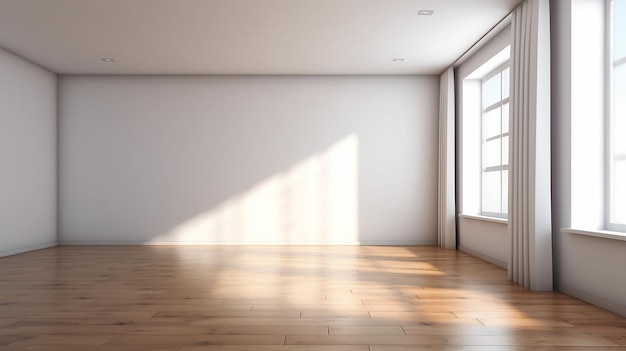 Empty room with white wall and wooden floor Generative AI