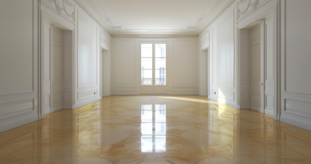 an empty room with white walls and a golden floor