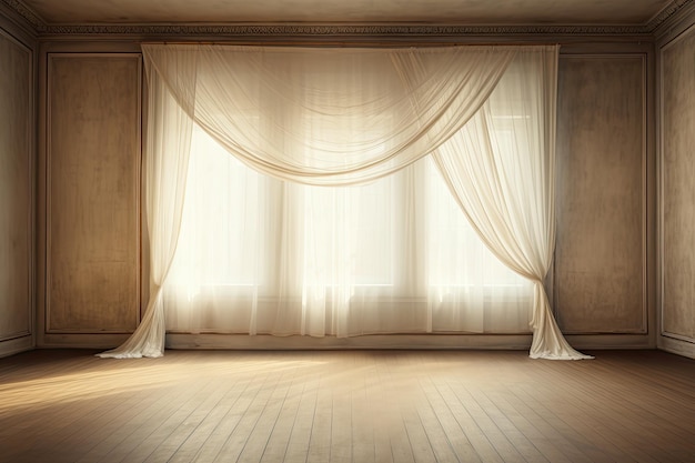 An empty room with a window illuminated from behind and adorned with white curtains