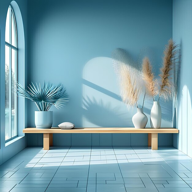 An empty room with a window and plants on a bench