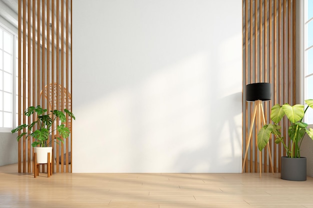 Empty room with wood slat wall and white wall floor lamp 3d rendering