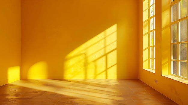 Photo empty room with yellow walls and floor and window with sunlight 3d rendering