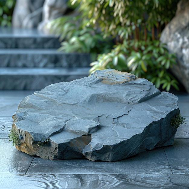 empty rough stone podium against the backdrop of natural garden theme