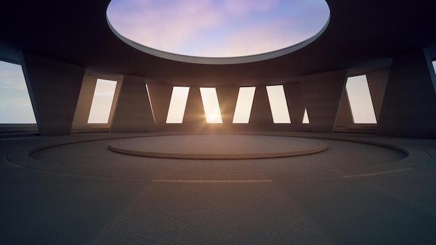 Empty round concrete podium floor under curved skylight. 3d rendering of abstract interior space.