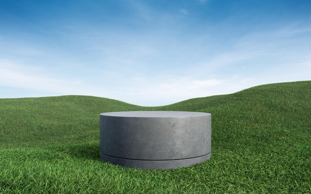 Empty round concrete podium on grass field 3d rendering image for product display