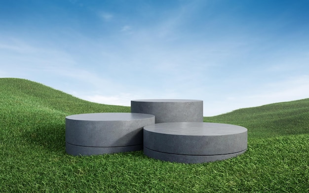 Empty round concrete podium on grass field 3d rendering image for product display