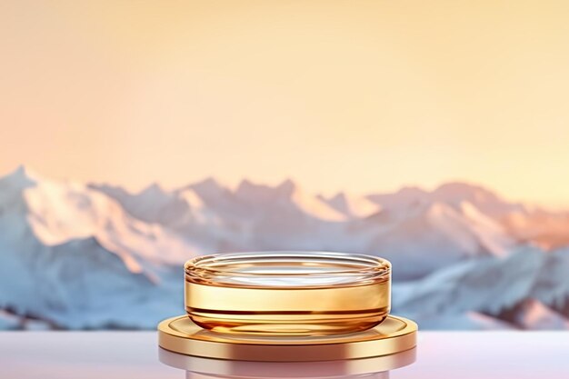 Empty round glass podium on beautiful sunset snowy mountain landscape background