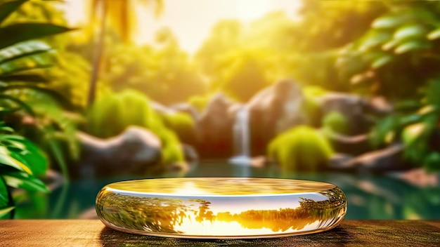 Empty round glass podium on beautiful tropical landscape background with waterfall