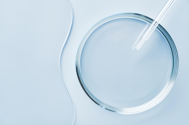 Empty round petri dish or glass slide and Pipette on blue background Mockup for cosmetic or scientific product sample