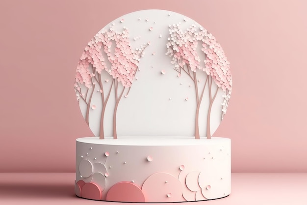 Empty round podium for product display on pink background with cherry blossoms Generative AI illustration