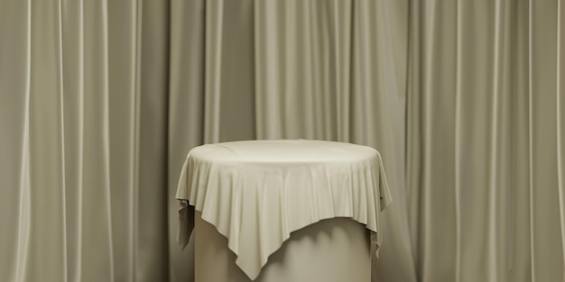 Empty round podium with background covered with beige cloth Stand against the background beige silk