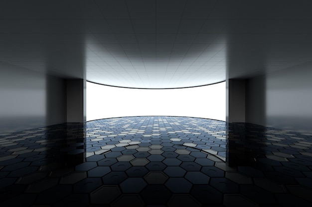 Empty round room with glowing white screen 3d rendering