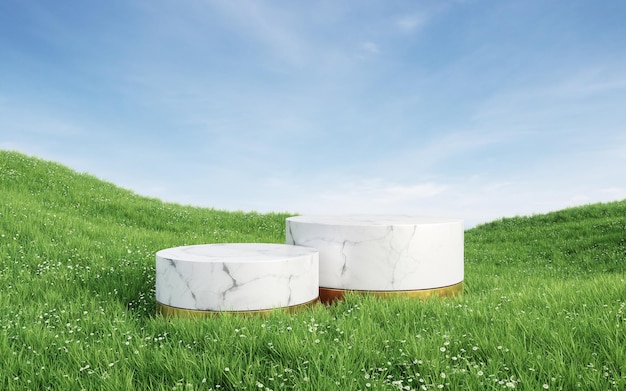 Empty round white marble podium with gold base on grass field 3d rendering image for product display