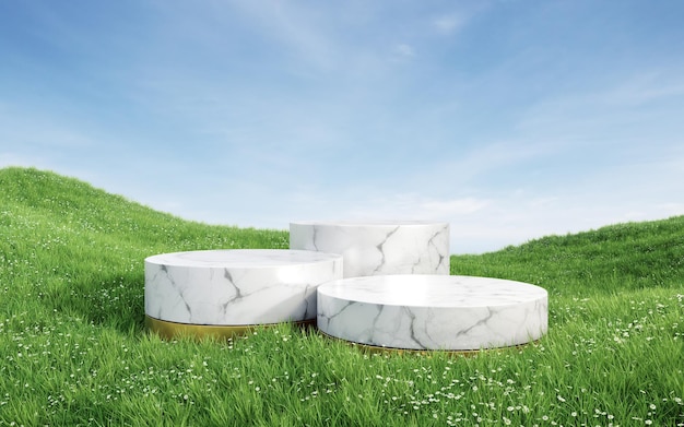 Empty round white marble podium with gold base on grass field 3d rendering image for product display