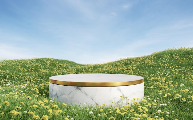 Empty round white marble podium with gold top on grass field 3d rendering image for product display