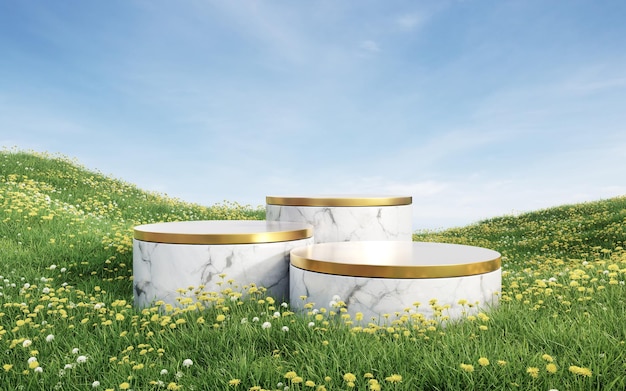 Empty round white marble podium with gold top on grass field 3d rendering image for product display