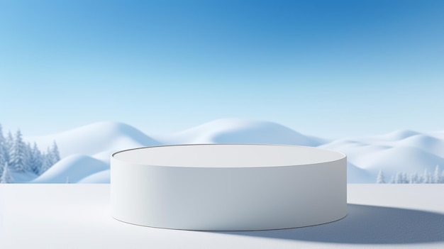 Photo empty round white podium with simple snowy backgrounds in blue sky for product display