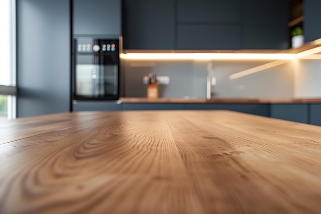 Empty round wood tabletop counter on kitchen background for product display and mockup