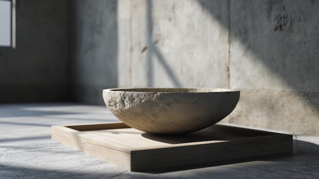 Empty round wooden plate on table in front of grunge wall