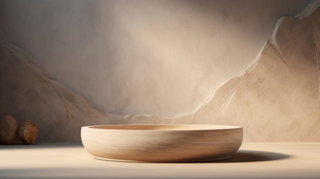 Empty round wooden plate on table in front of grunge wall