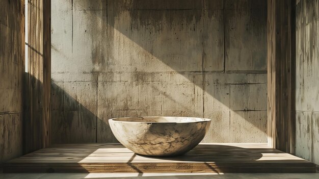 Empty round wooden plate on table in front of grunge wall