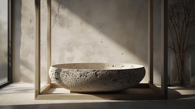 Empty round wooden plate on table in front of grunge wall