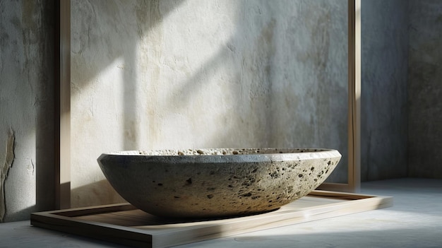 Empty round wooden plate on table in front of grunge wall