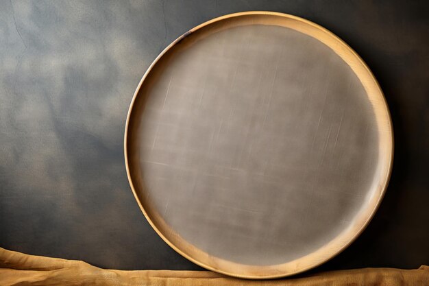 Empty round wooden plate on table in front of grunge wall