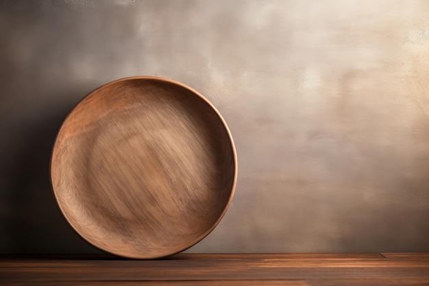 Empty round wooden plate on table in front of grunge wall