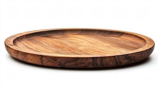 Empty Round Wooden Platter on White Background