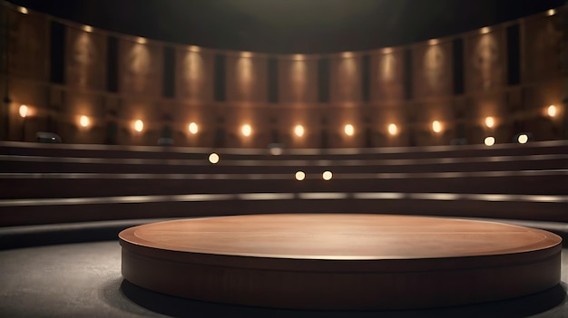 Photo empty round wooden stage podium in auditorium