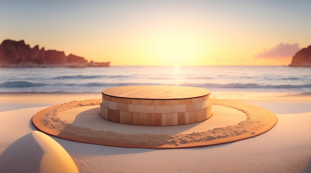 Empty rounded wooden podium product display on white sand beach over the ocean