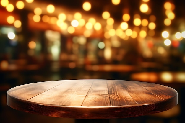 Empty rounded wooden table in front of abstract blurred bokeh light of Cafe