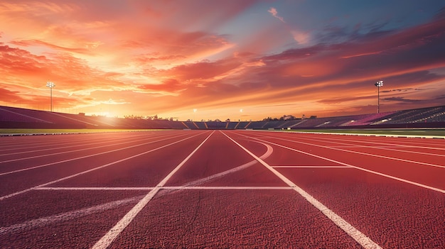 empty running track in stadium with vibrant sunset sky inviting atmosphere for sports and