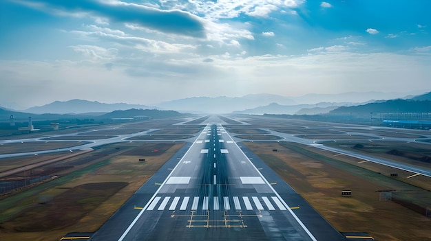 Empty Runway at Airport with Scenic Mountain Landscape Under Cloudy Blue Sky