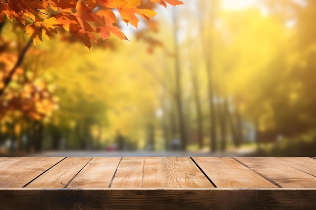 Empty rustic wood table in sunny autumn with blurred background ai generative illustration