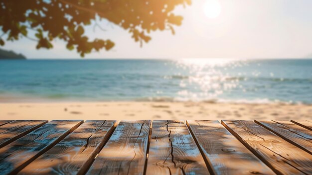 Empty rustic wooden table on blur background of beautiful beach for mockup summer pr Generative AI