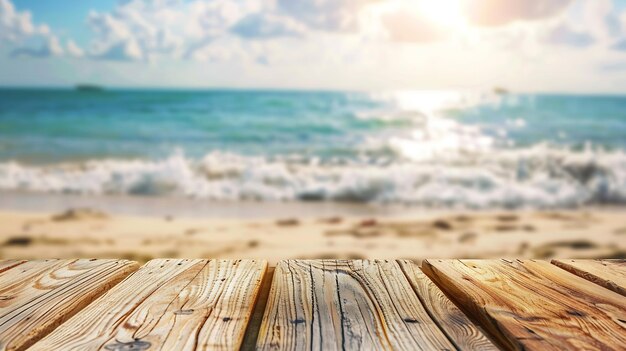 Empty rustic wooden table on blur background of beautiful beach for mockup summer pr Generative AI