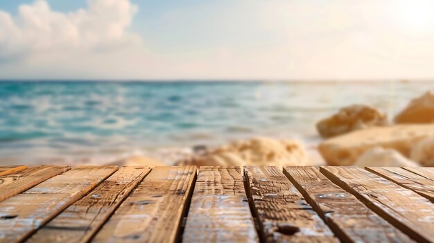 Empty rustic wooden table on blur background of beautiful beach for mockup summer pr Generative AI