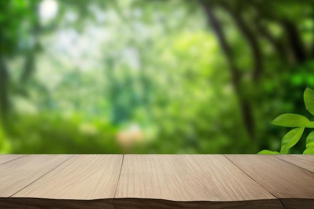 Empty rustic wooden table defocused green lush foliage background product display